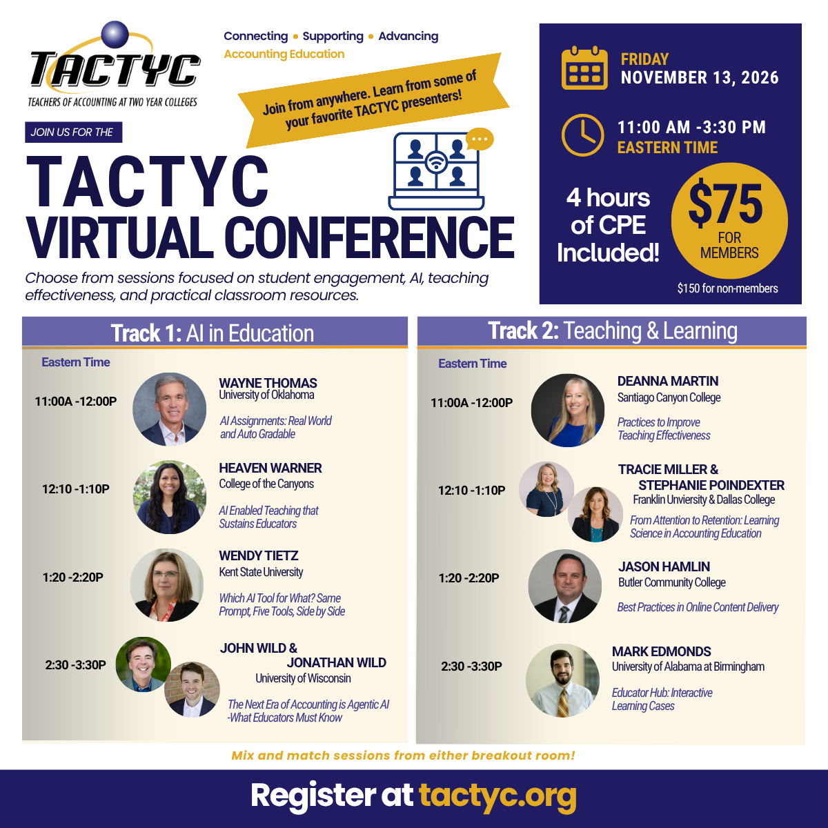 TACTYC Virtual Conference — Friday, November 13, 2026, 11:00 AM – 3:30 PM Eastern. 4 hours of CPE. $75 for members, $150 for non-members.