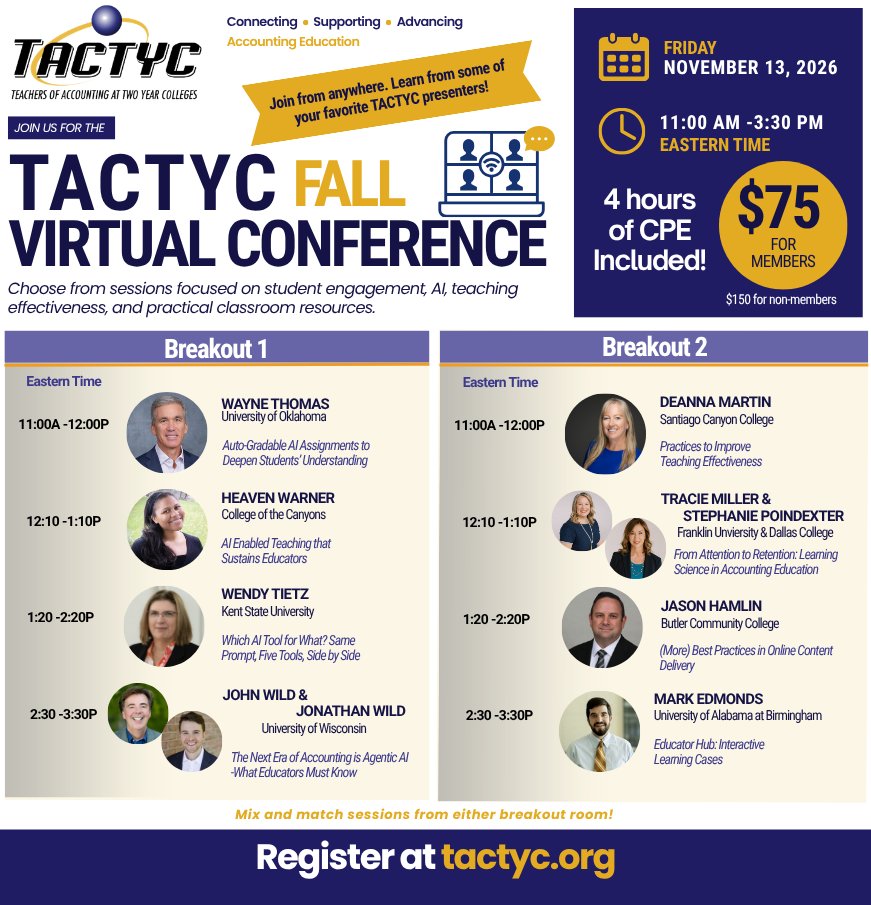 TACTYC Fall Virtual Conference — Friday, November 13, 2026, 11:00 AM – 3:30 PM Eastern. 4 hours of CPE. $75 for members, $150 for non-members.